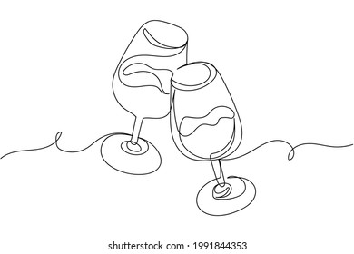 Una línea continua de copas de vino se anima en silueta sobre un fondo blanco. Linear estilizado.Minimalista.