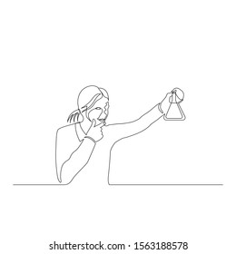 Continuous one line woman chemist thoughtfully looks at the flask in his hand. Vector illustration.