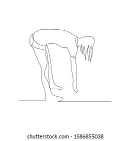 Continuous one line woman does stretching legs, stretches his arms to the floor. Vector stock illustration.