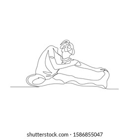 Continuous one line woman doing stretching legs on the floor. Vector stock illustration.