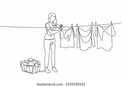 Continuous one line a woman drying clothes. Drying clothes at the right time. Quickly dry and does not damage clothes. Housework. National Hanging Out Day. Single line draw design vector illustration