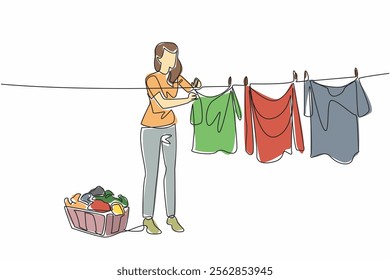 Continuous one line a woman drying clothes. Drying clothes at the right time. Quickly dry and does not damage clothes. Housework. National Hanging Out Day. Single line draw design vector illustration