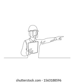 Continuous one line woman engineer in a helmet with a tablet controls the process, points a finger. Vector illustration.