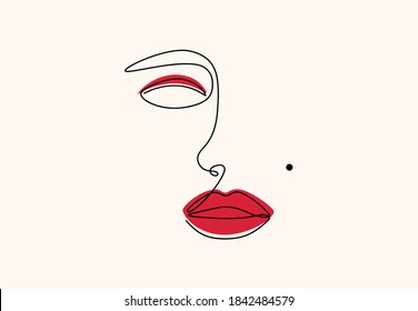 Continuous one line woman face with red lips for logo. Abstract hand drawn girl portrait for print posters wall art. Contemporary minimalist vector illustration