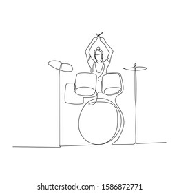 Continuous one line woman going to playing drums. Vector illustration.