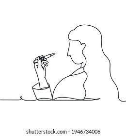 Continuous one line of woman holding pregnancy test. Minimal style. Perfect for cards, party invitations, posters, stickers, clothing. Pregnant concept.