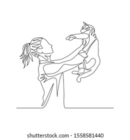 Continuous One Line Woman Holds Cat On Outstretched Arms. Vector Illustration.