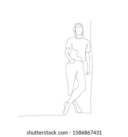 Continuous one line woman lean against wall. Vector stock illustration.