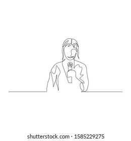 Continuous one line woman with a microphone in her hand speak. Vector stock illustration.