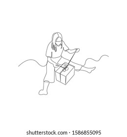 Continuous one line woman on the floor opens a gift box. Christmas and New Year theme. Vector stock illustration.