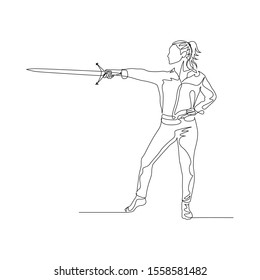 Continuous one line woman points forward with a sword. Vector illustration.