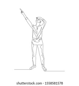Continuous one line woman points forefinger to the sky. Vector illustration. 