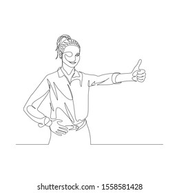 Continuous one line woman with ponytail in shirt shows thumb and smile. Big finger sign. Vector illustration.