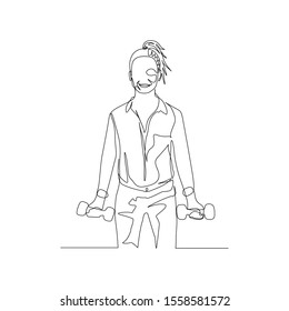 Continuous one line woman with ponytail in shirt lifts dumbbells and smiles. Vector illustration.