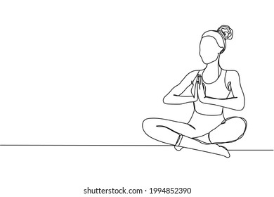 Continuous one line of woman practicing yoga in silhouette on a white background. Linear stylized.Minimalist.