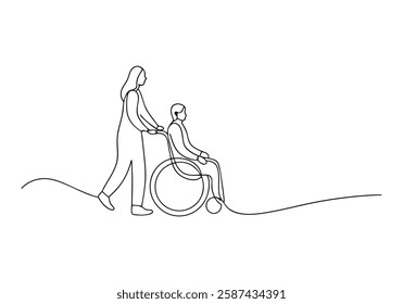 Continuous One Line Woman Pushing Wheelchair | Minimalist Disability Support Vector Illustration"