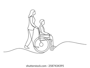 Continuous One Line Woman Pushing Wheelchair | Minimalist Disability Support Vector Illustration"