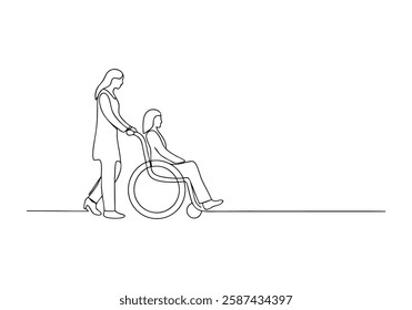 Continuous One Line Woman Pushing Wheelchair | Minimalist Disability Support Vector Illustration"