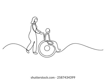 Continuous One Line Woman Pushing Wheelchair | Minimalist Disability Support Vector Illustration"