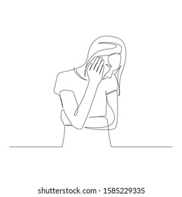 Continuous one line woman rest her head with her hand. Gloom and boredom. Vector stock illustration.