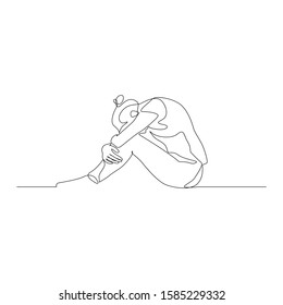 Continuous one line woman sitting on the floor with her head omitted and hugging her knees with her hands. Vector stock illustration.