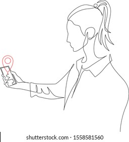 Continuous one line woman with smartphone. Woman use gadget for geolocation. Vector illustration.