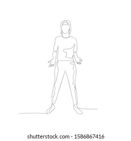 Continuous one line woman stands with spread hands, helpless gesture. I do not know anything. So what? I can not help. Stock vector illustration.