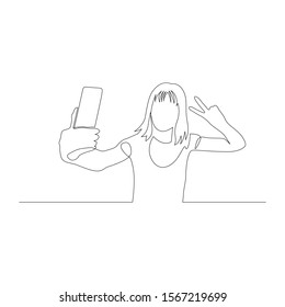 Continuous one line woman taking selfie using smartphone and show victory sign. Vector stock illustration.