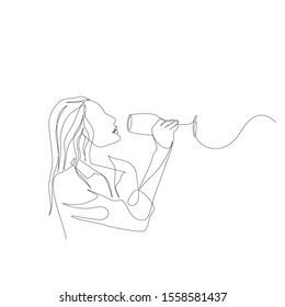 Continuous one line woman tastes wine. Degustation, tasting. Vector illustration.