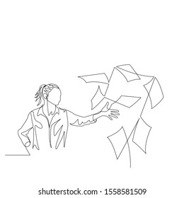 Continuous one line woman throw documents into the air in front of her. Woman is tired of everything and that's enough. Vector illustration. 