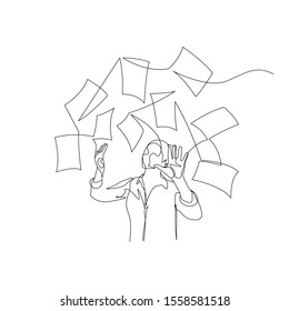 Continuous one line woman throw documents into the air. Woman is tired of everything and that's enough. Vector illustration. 