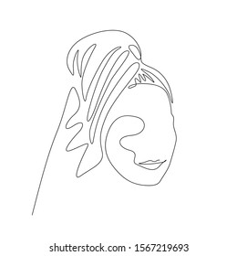 Continuous one line woman with a towel on her head after a shower. Vector stock illustration.