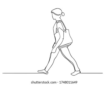 Continuous one line woman walk with bag side view. Vector stock illustration.  Woman with handbag one line.