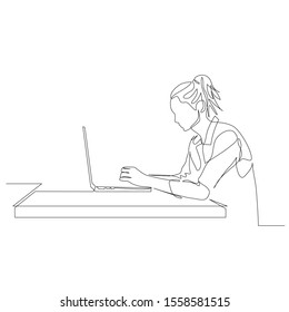 Continuous one line woman work with help laptop at the table. E-learning theme. Side view. Vector illustration.