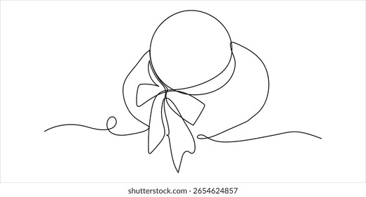Una línea continua de sombrero de mujer. Una línea de dibujo de sombrero con flores y cinta. Ilustración vectorial de una sola línea.	