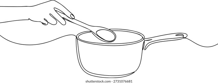 Continuous one line of a wooden spoon stirring a pot, symbolizing cooking techniques, drawn vector illustration.