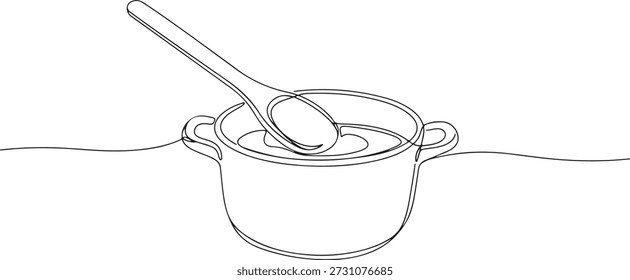 Continuous one line of a wooden spoon stirring a pot, symbolizing cooking techniques, drawn vector illustration.