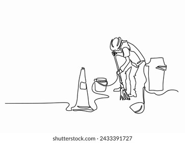 Continuous one line of worker on duty, An officer with  Brooms, buckets, trash cans, dustpans, and road cones - Vector illustration isolated on white background