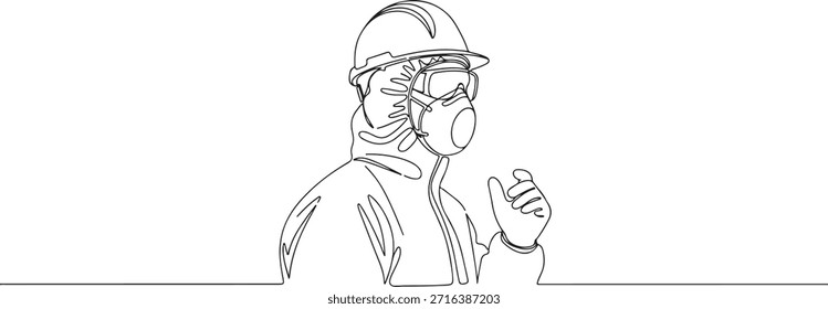 Una línea continua de un trabajador que lleva la silueta completa del EPP, tema integral de la protección, Ilustración vectorial dibujada a mano.	