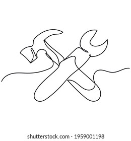 Continuous one line of wrench and hammer tools in silhouette. Minimal style. Perfect for cards, party invitations, posters, stickers, clothing. Black abstract icon. Tools style