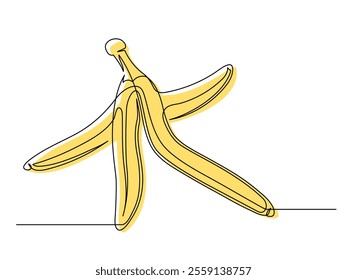 Continuous one line yellow banana peel isolated on white background. Simple peel silhouette. Hand drawn banana outline. Vector illustration