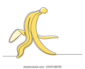 Continuous one line yellow banana peel isolated on white background. Simple peel silhouette. Hand drawn banana outline. Vector illustration