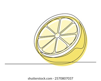 Continuous one line yellow lemon halves isolated on white background. Simple citrus silhouette. Hand drawn lemon outline. Vector illustration