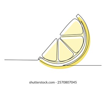 Continuous one line yellow lemon slice isolated on white background. Simple citrus silhouette. Hand drawn lemon outline. Vector illustration