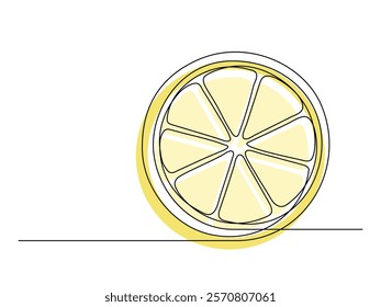 Continuous one line yellow lemon halves isolated on white background. Simple citrus silhouette. Hand drawn lemon outline. Vector illustration