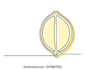 Continuous one line yellow lemon halves isolated on white background. Simple citrus silhouette. Hand drawn lemon outline. Vector illustration