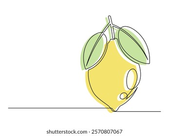 Continuous one line yellow lemon with leaf isolated on white background. Simple citrus silhouette. Hand drawn lemon outline. Vector illustration