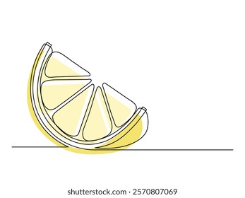 Continuous one line yellow lemon slice isolated on white background. Simple citrus silhouette. Hand drawn lemon outline. Vector illustration