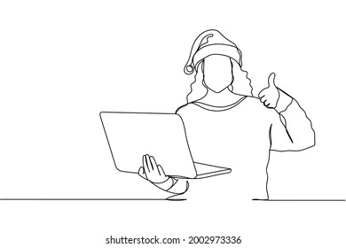 Continuous one line of young santa woman with laptop in silhouette on a white background. Linear stylized.Minimalist.