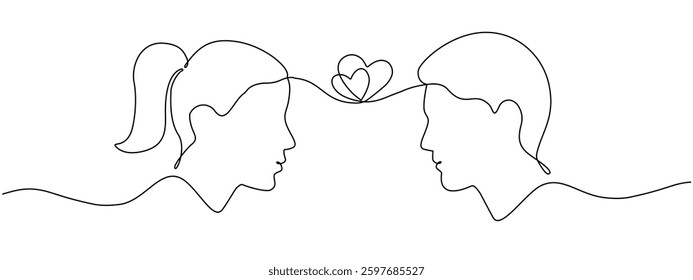 Continuous for one linear drawings of a female and male head with two hearts inside. Contour One Line, the concept of emotional connection, love vector editing illustration